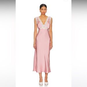 Lovers + Friends Jordan Midi Blush Satin Dress with White Lace